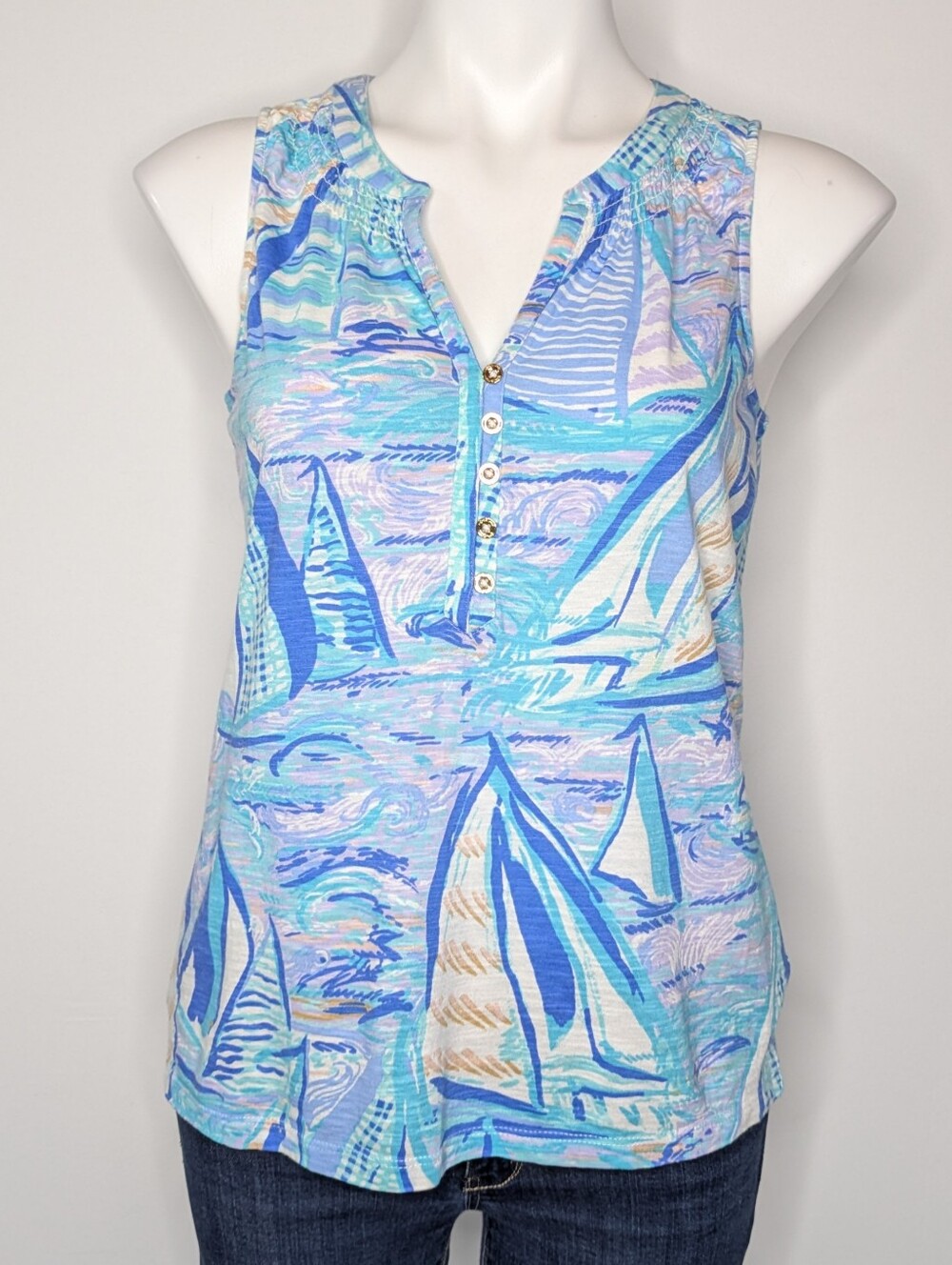 Lilly Pulitzer Essie Blue Sailboat 100% Cotton Tank Top S